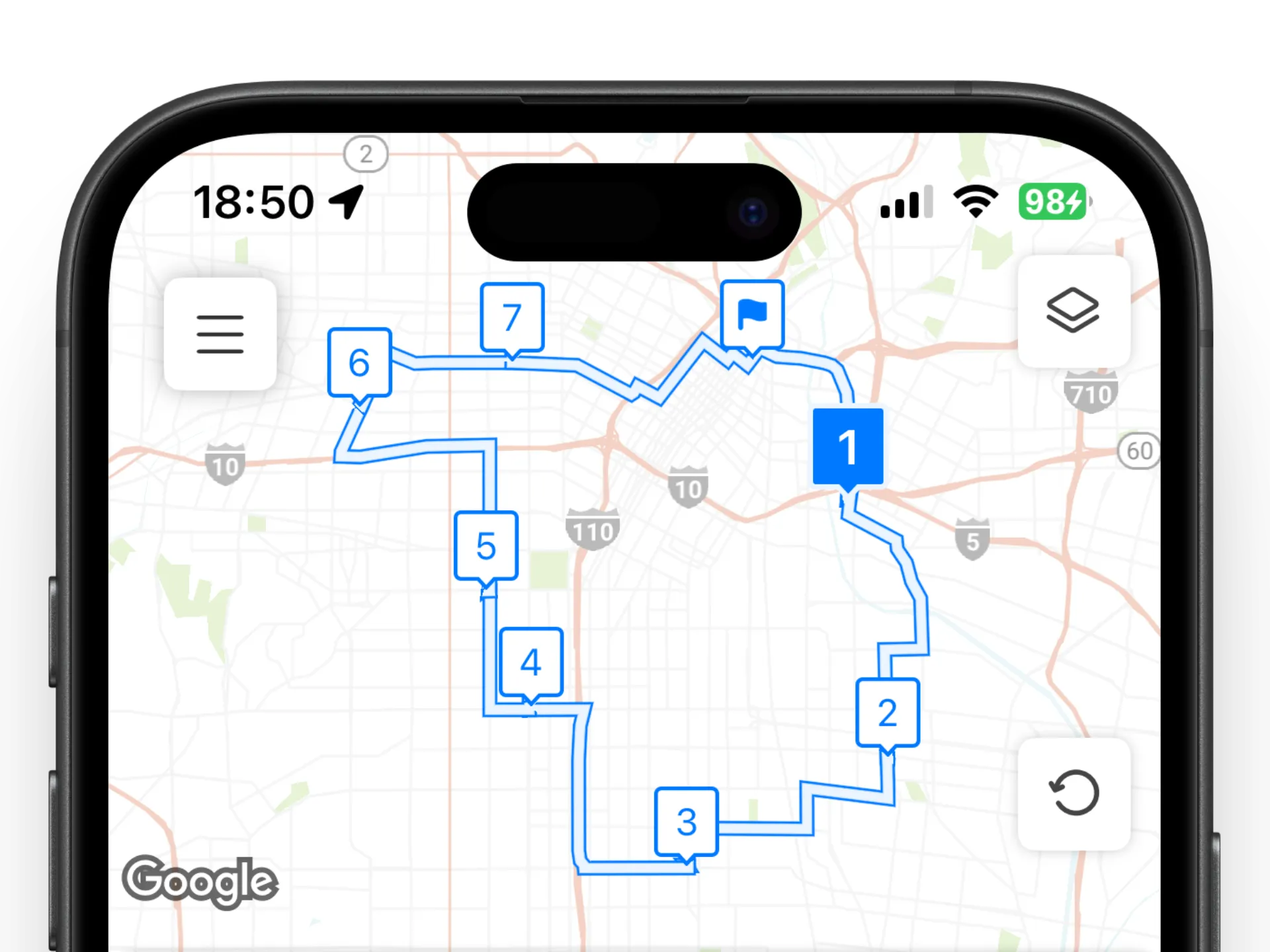 Optimized delivery route on map